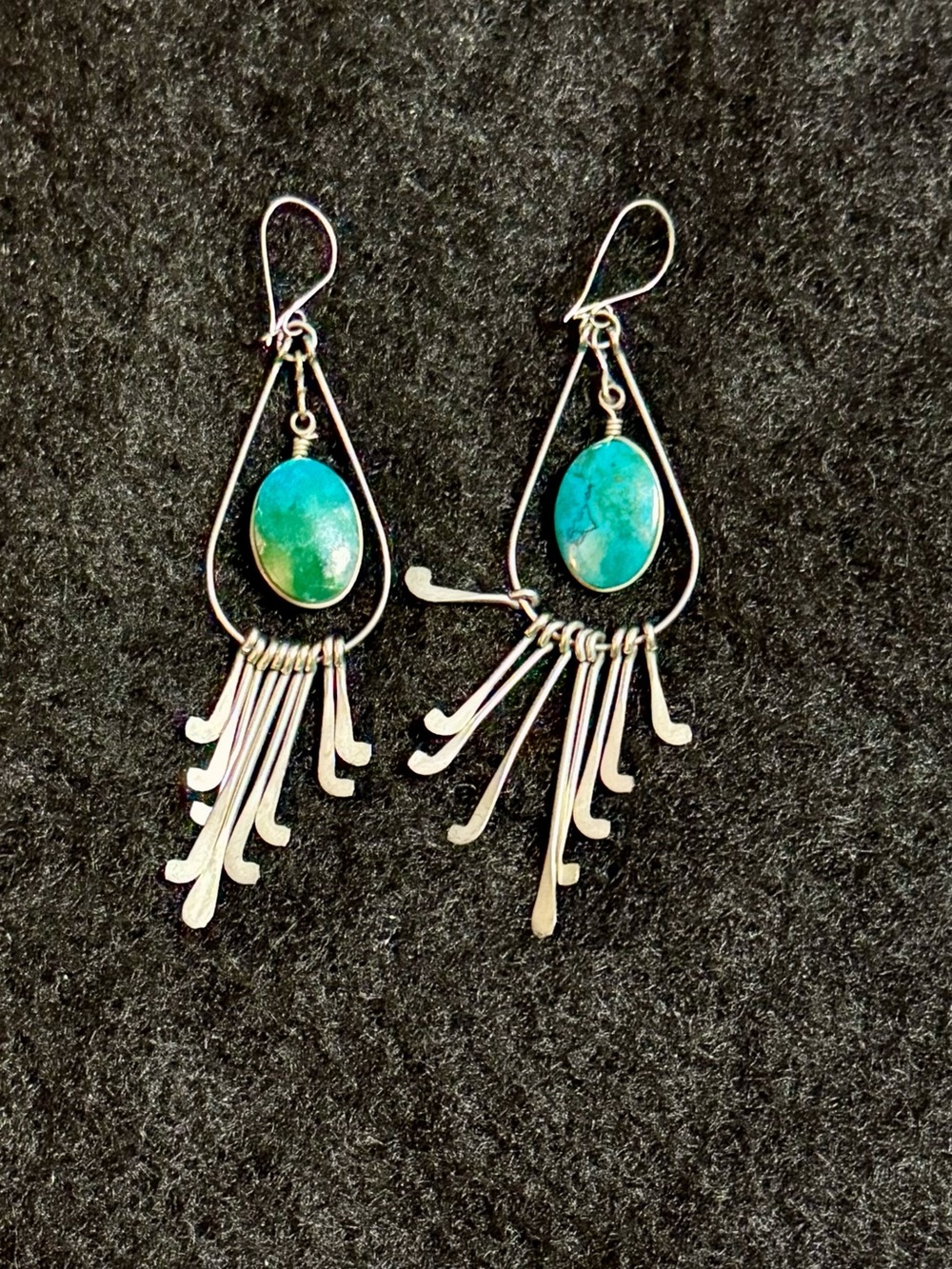 Turquoise Tear Drop Fringe Earrings with Silver Tone Accents - Women Jewelry